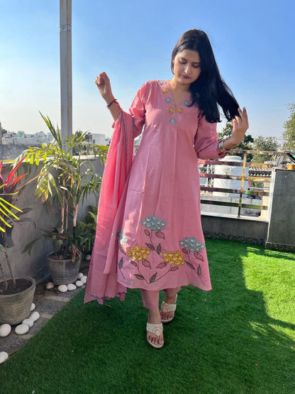 Rose Bloom Embroidered Kurta Set with Dupatta
