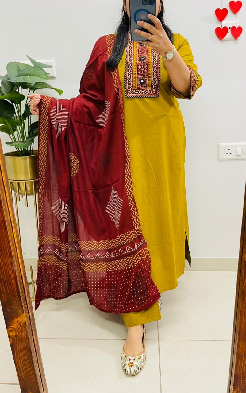 Mustard Embroidered Kurta Palazzo Set with Dupatta for Women