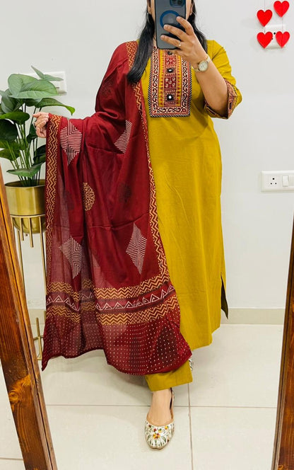 Mustard Embroidered Kurta Palazzo Set with Dupatta for Women