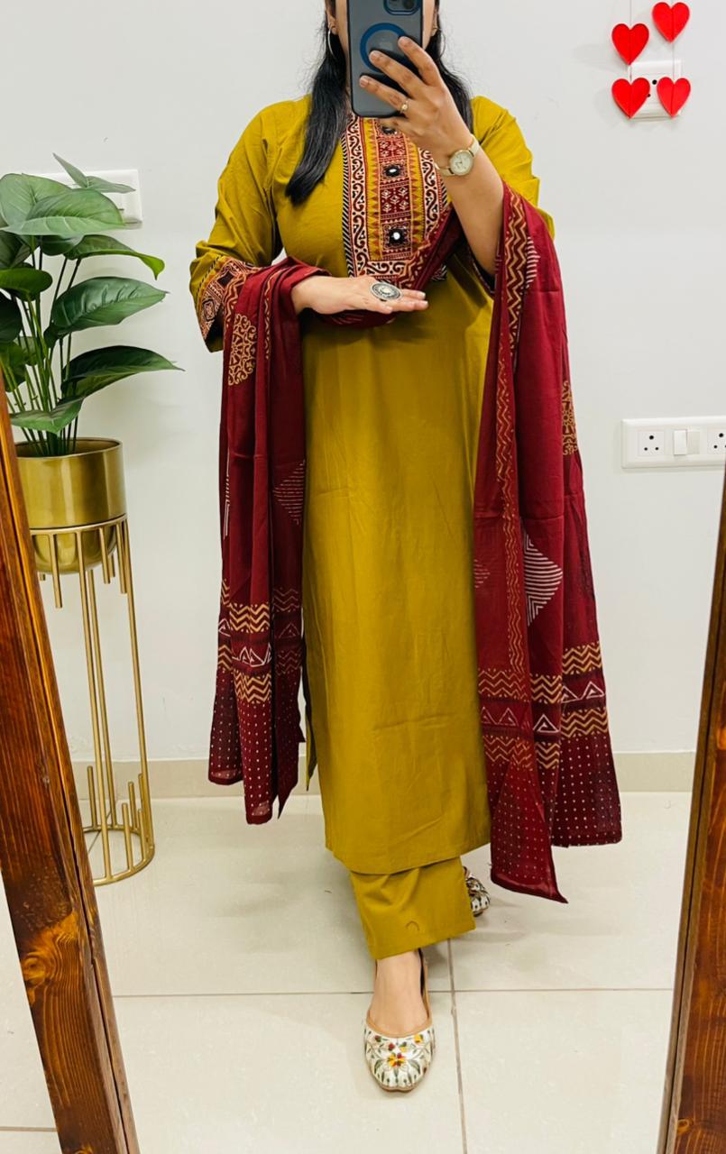 Mustard Embroidered Kurta Palazzo Set with Dupatta for Women