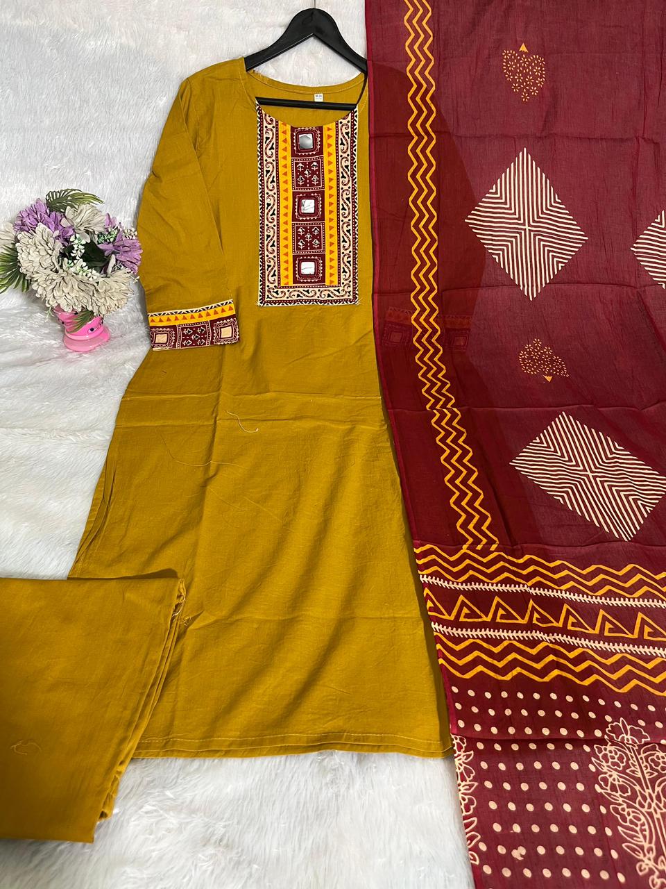 Mustard Embroidered Kurta Palazzo Set with Dupatta for Women