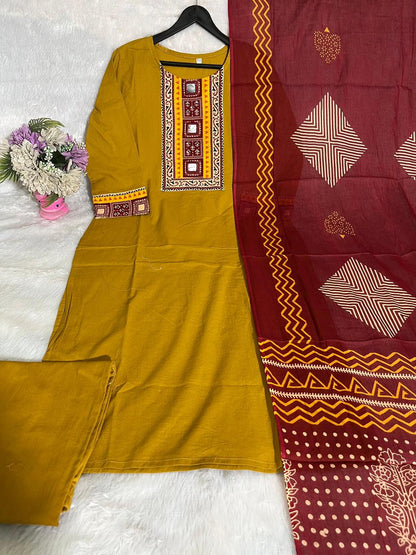 Mustard Embroidered Kurta Palazzo Set with Dupatta for Women