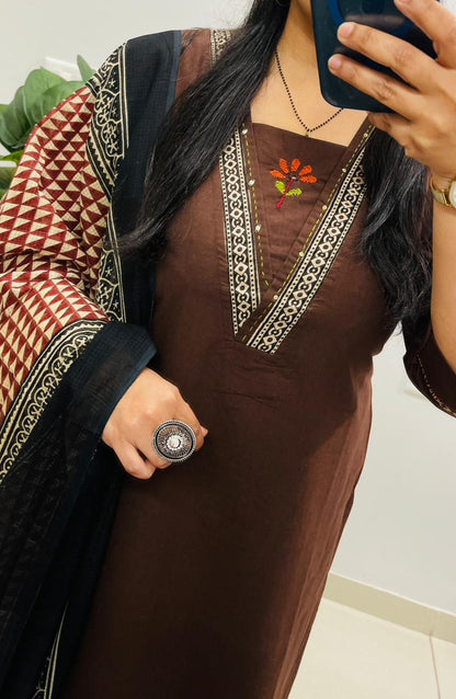 Brown Embroidered Kurta Palazzo Set with Dupatta for Women