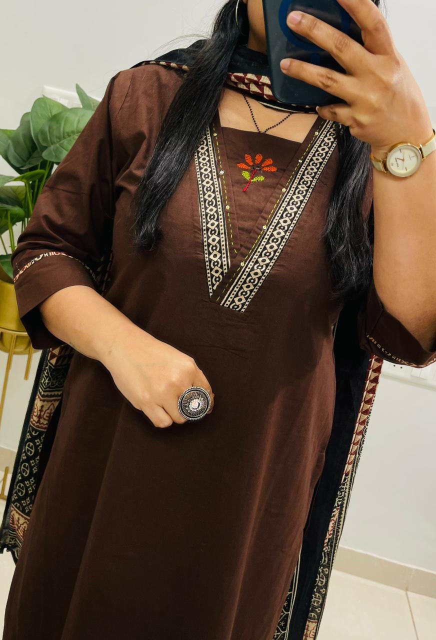 Brown Embroidered Kurta Palazzo Set with Dupatta for Women
