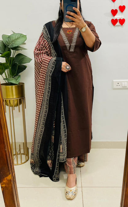Brown Embroidered Kurta Palazzo Set with Dupatta for Women
