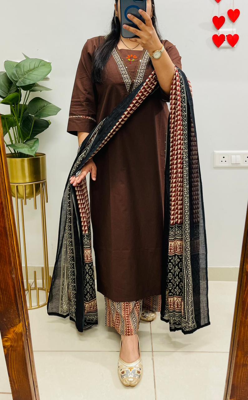 Brown Embroidered Kurta Palazzo Set with Dupatta for Women