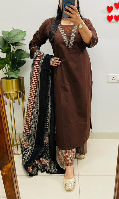 Brown Embroidered Kurta Palazzo Set with Dupatta for Women