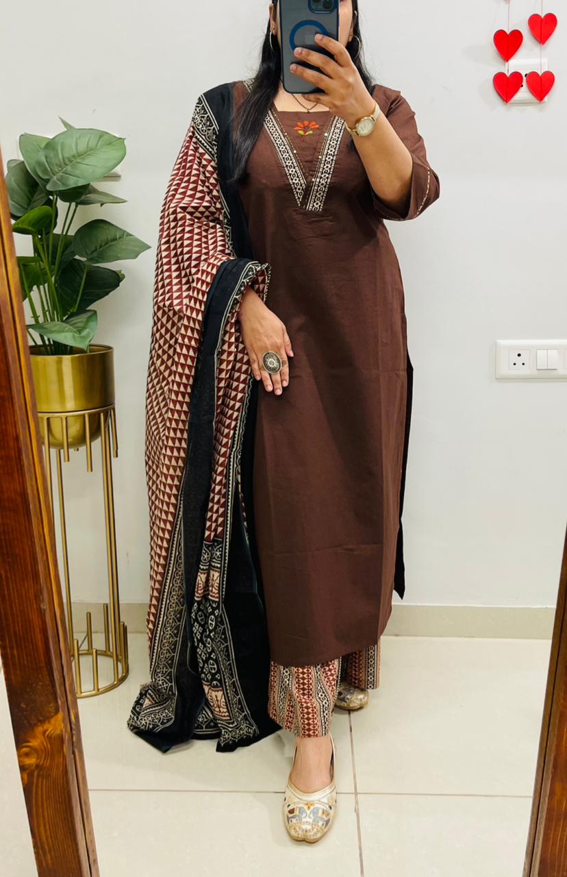 Brown Embroidered Kurta Palazzo Set with Dupatta for Women
