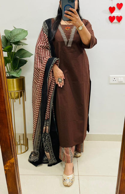Brown Embroidered Kurta Palazzo Set with Dupatta for Women
