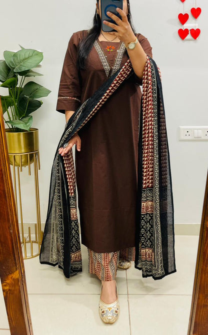 Brown Embroidered Kurta Palazzo Set with Dupatta for Women
