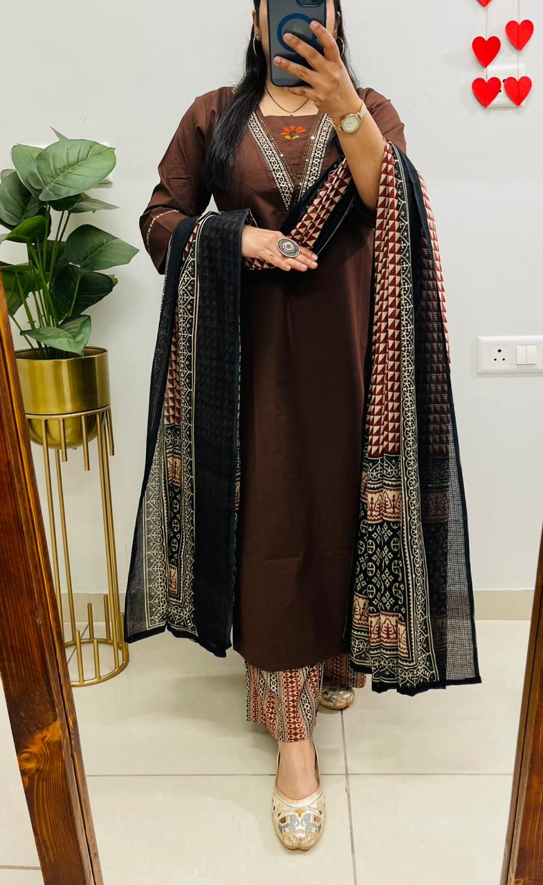 Brown Embroidered Kurta Palazzo Set with Dupatta for Women