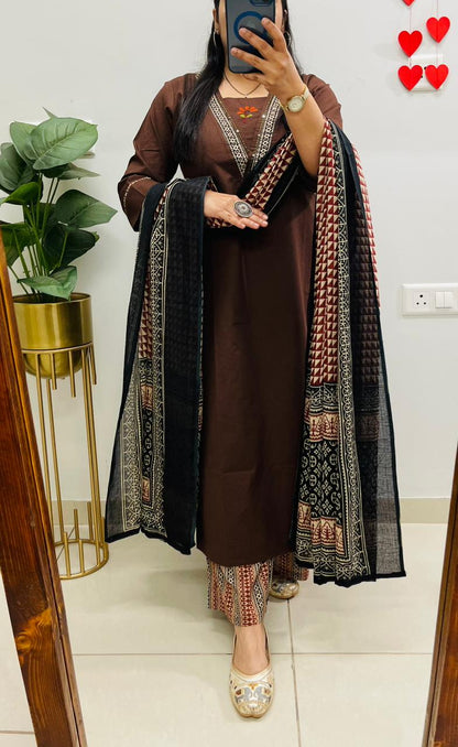 Brown Embroidered Kurta Palazzo Set with Dupatta for Women