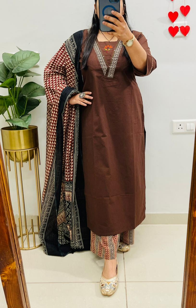 Brown Embroidered Kurta Palazzo Set with Dupatta for Women