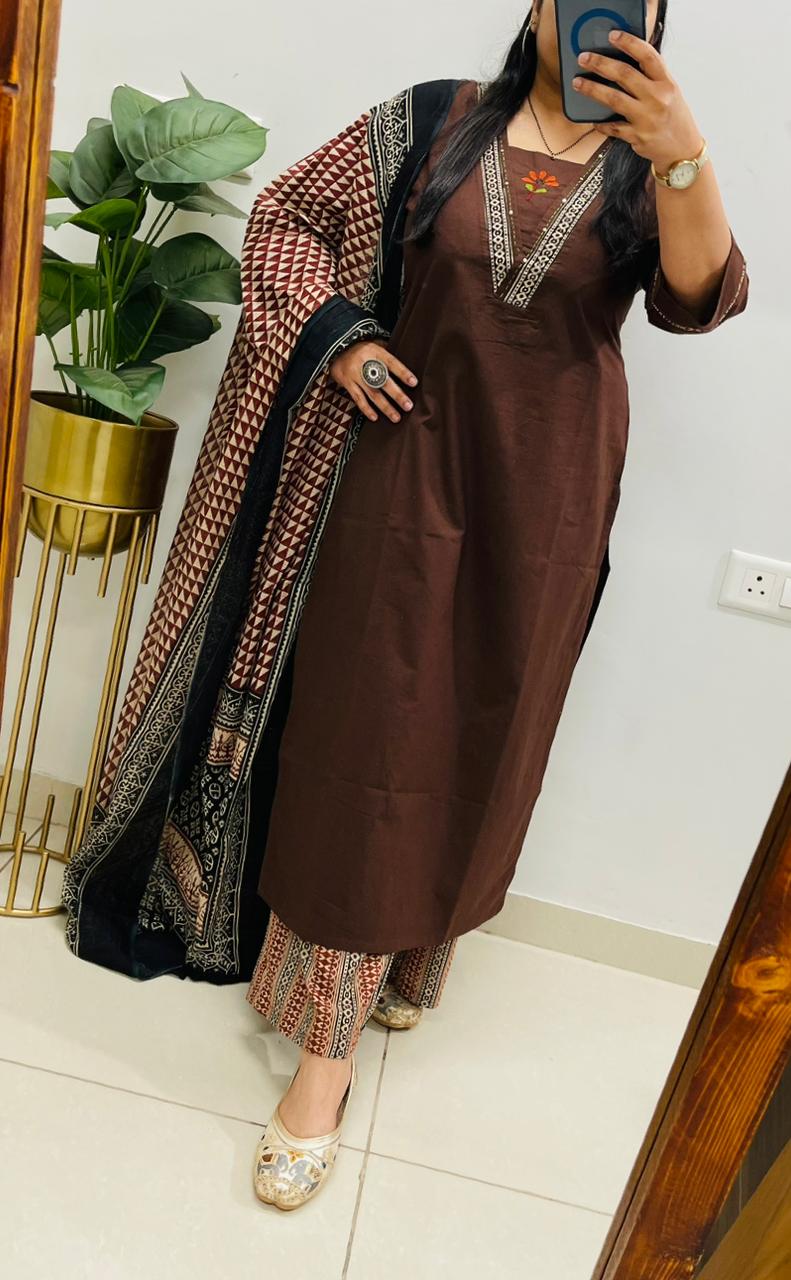 Brown Embroidered Kurta Palazzo Set with Dupatta for Women