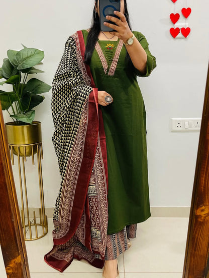 Green Embroidered Kurta Palazzo Set with Dupatta for Women