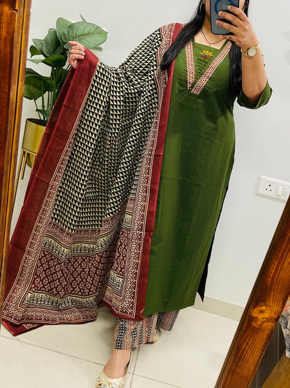 Green Embroidered Kurta Palazzo Set with Dupatta for Women