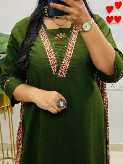 Green Embroidered Kurta Palazzo Set with Dupatta for Women