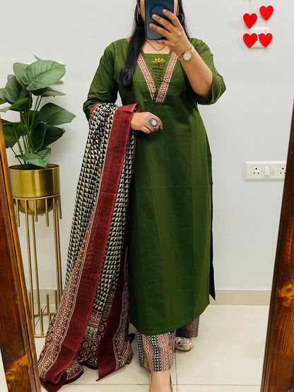 Green Embroidered Kurta Palazzo Set with Dupatta for Women
