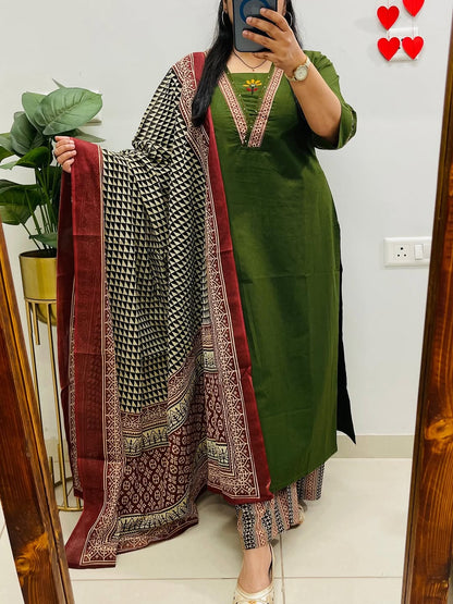 Green Embroidered Kurta Palazzo Set with Dupatta for Women