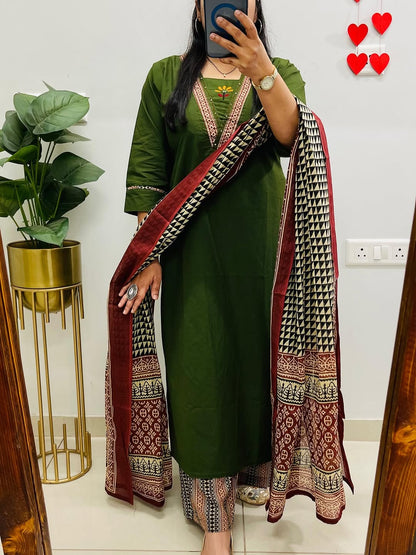 Green Embroidered Kurta Palazzo Set with Dupatta for Women