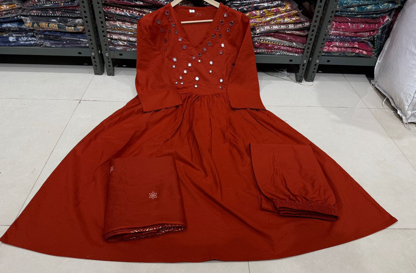 Premium Red Anarkali Kurti Pant Dupatta Set