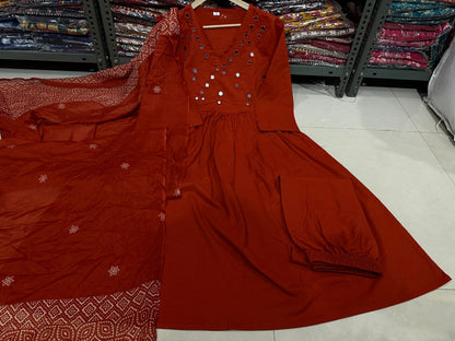 Premium Red Anarkali Kurti Pant Dupatta Set
