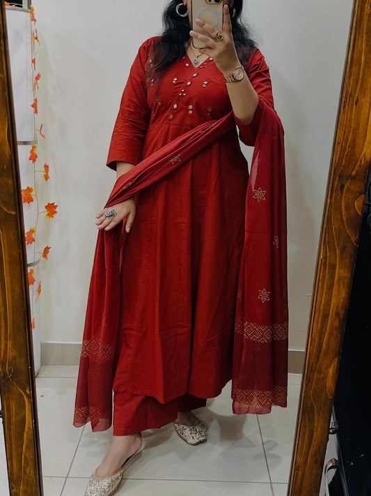 Premium Red Anarkali Kurti Pant Dupatta Set