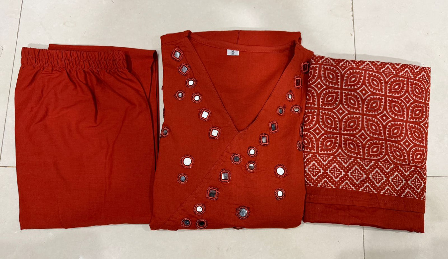 Premium Red Anarkali Kurti Pant Dupatta Set