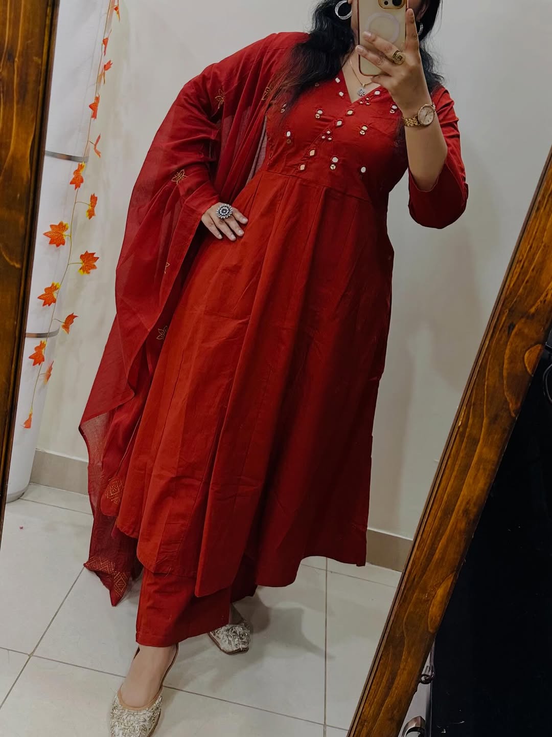 Premium Red Anarkali Kurti Pant Dupatta Set