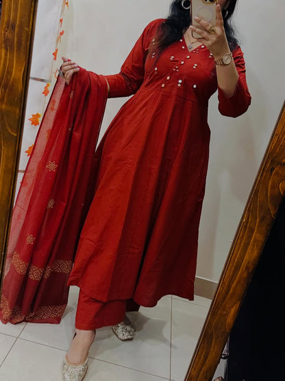 Premium Red Anarkali Kurti Pant Dupatta Set