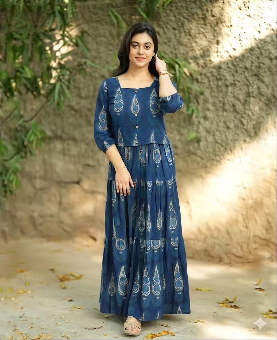 Blue Printed Cotton Anarkali Dress – The Jaipur Kurta