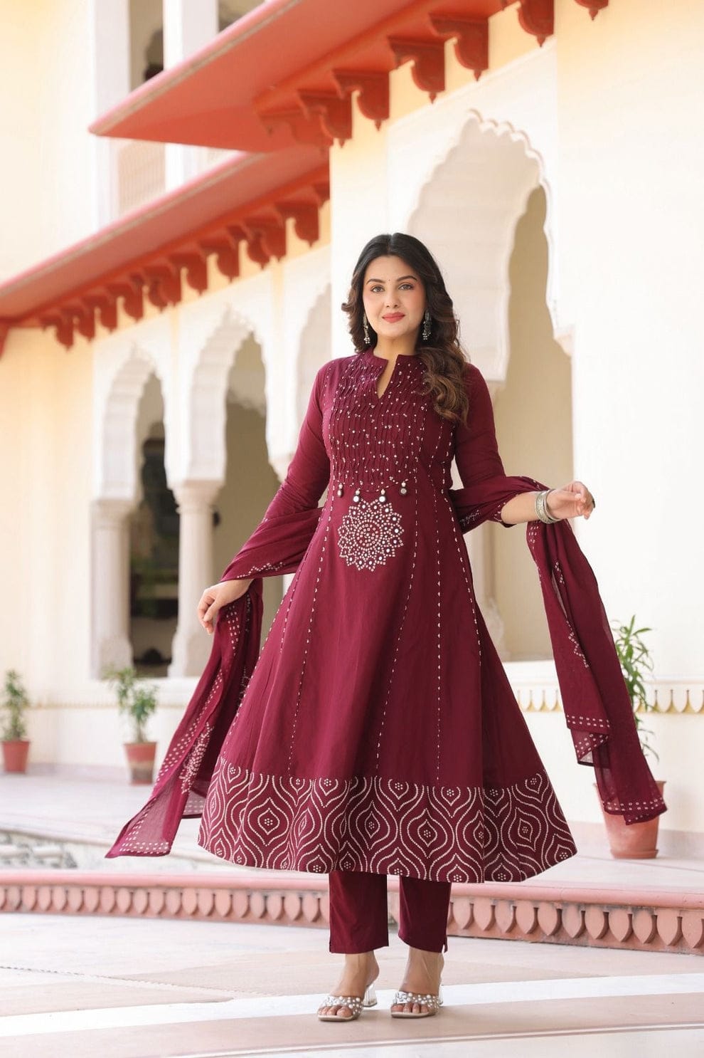 Women’s Maroon Embroidered Kurta Pant Set with Dupatta
