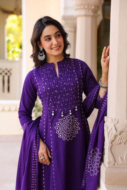 Women’s Purple Embroidered Kurta Pant Set with Dupatta