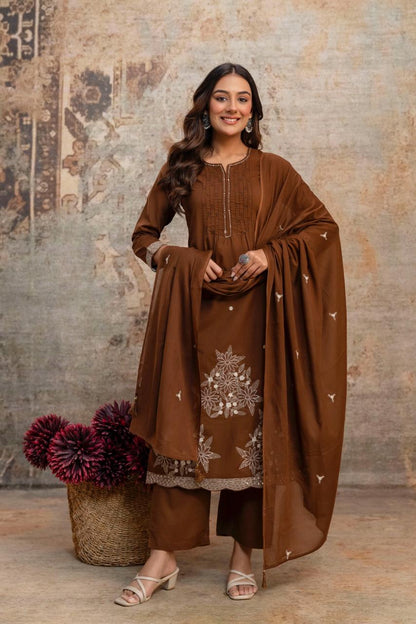 Gulnaar Brown Floral Embroidered Kurta Set with Dupatta