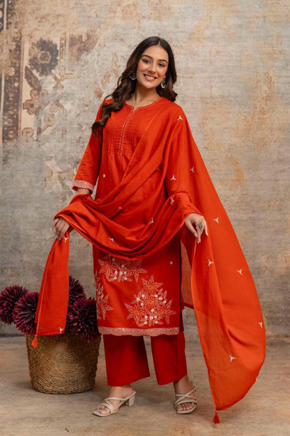 Gulnaar Rani Orange Floral Embroidered Kurta Set with Dupatta