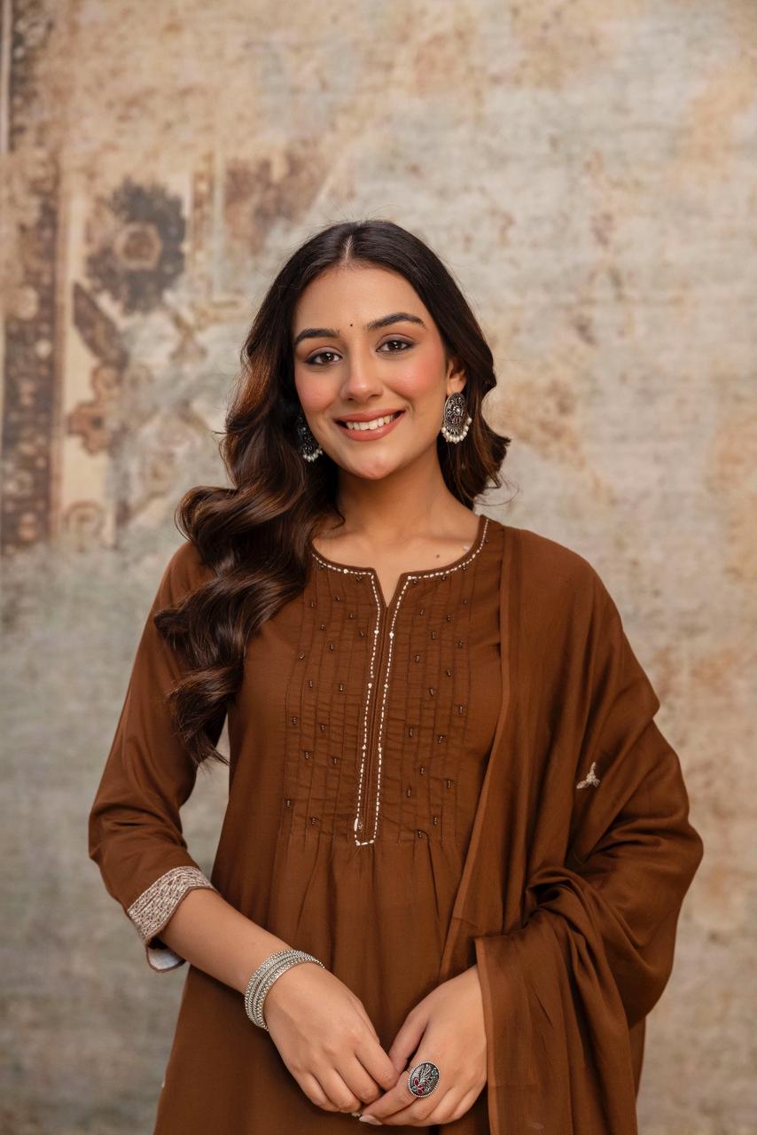 Gulnaar Brown Floral Embroidered Kurta Set with Dupatta