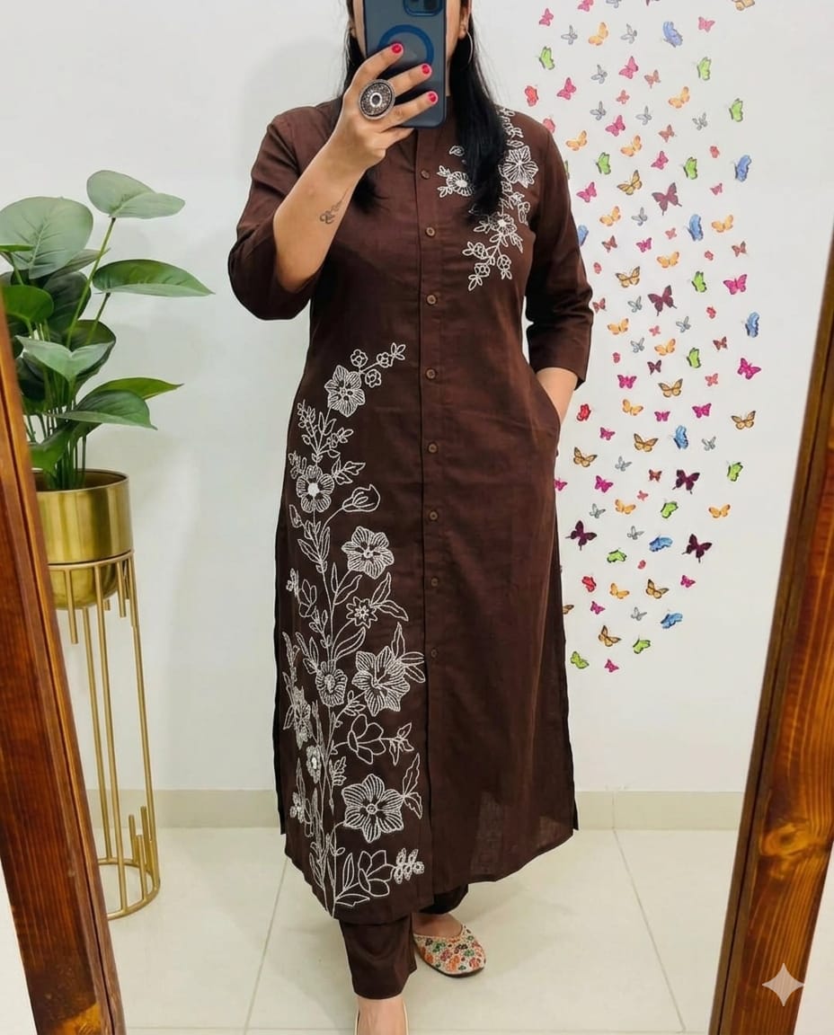 Cocoa Bloom Floral Embroidered Kurta Pant Set
