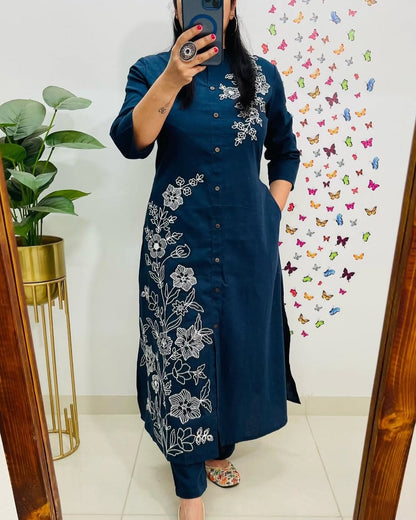 Midnight Bloom Floral Embroidered Kurta Pant Set