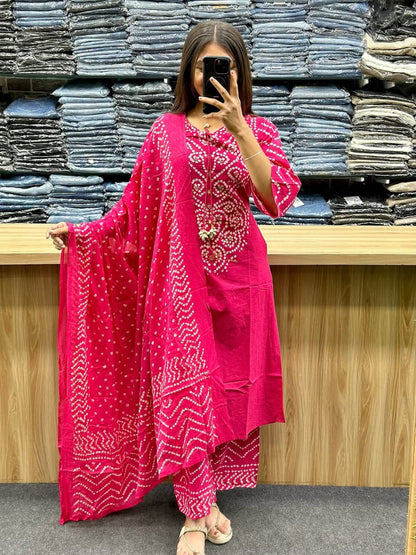 Bandhni Print Applique Codi Work Cotton Suit