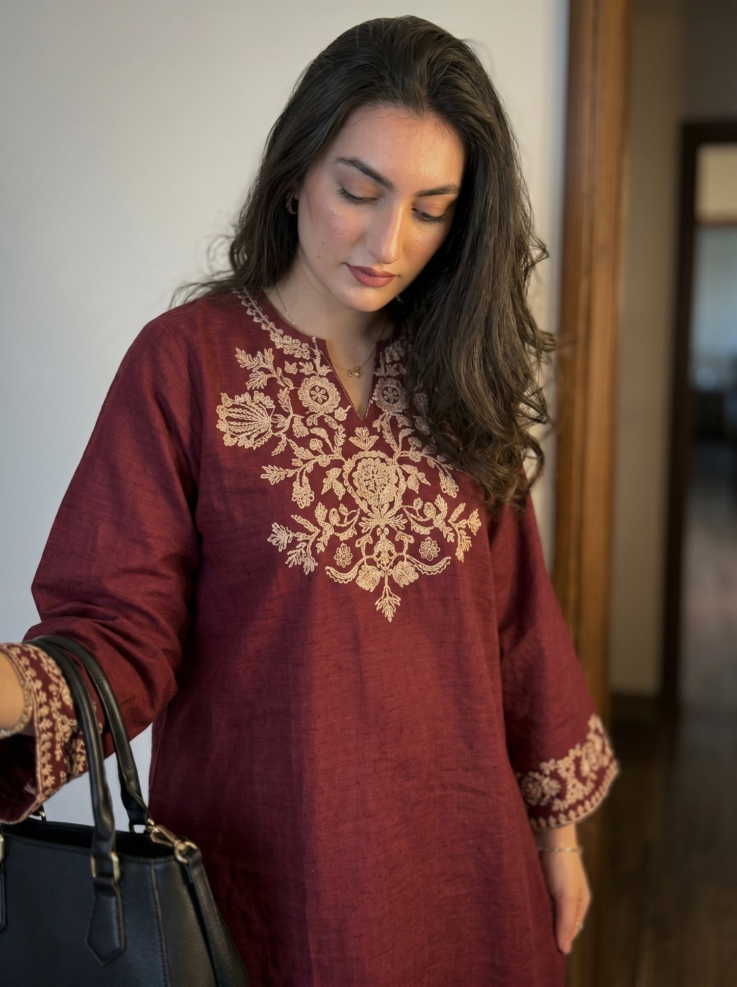 Embroidery Red Cotton Kurta Set with Palazzo Pants