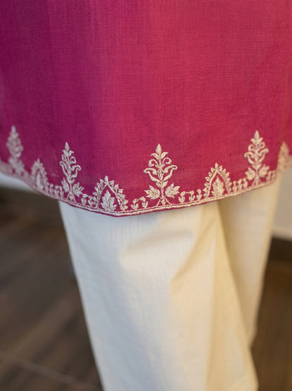 Embroidery Pink Cotton Kurta Set with Palazzo Pants