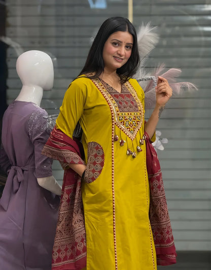 Yellow Cotton Ajrakh Patch Work Kurta set