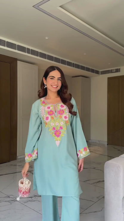 Aqua Blue Floral Embroidered Co-ord Set