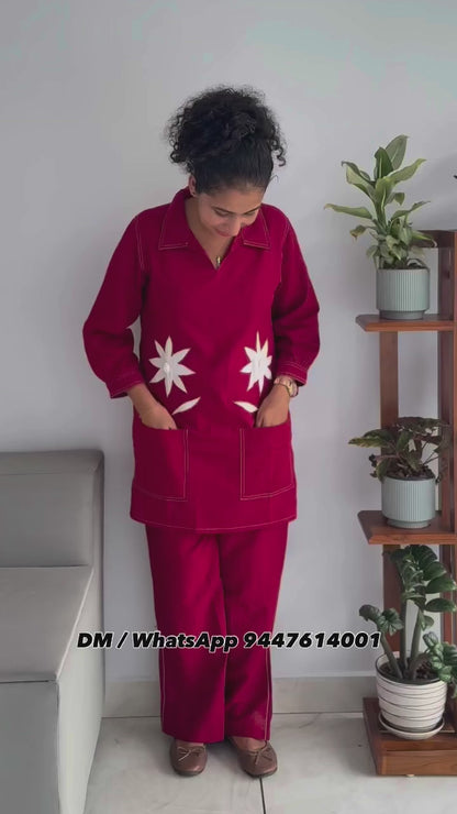 Women’s Rust Orange Floral Embroidered Cotton Co-Ord Set