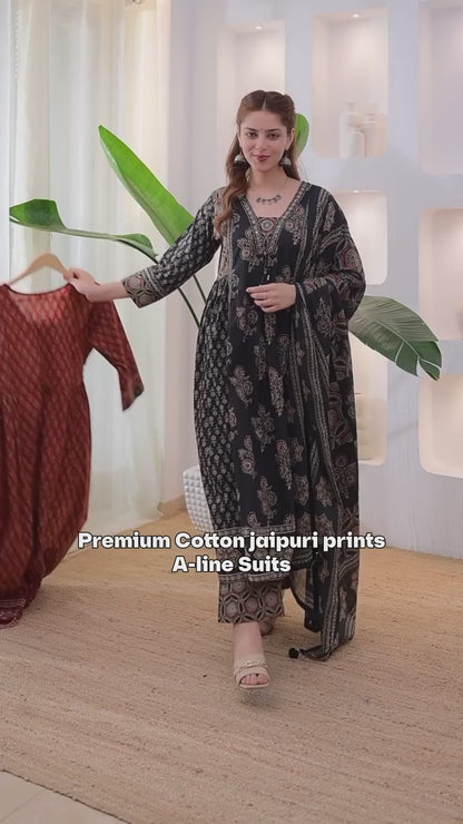 Midnight Ajrakh Premium Cotton A Line Suit