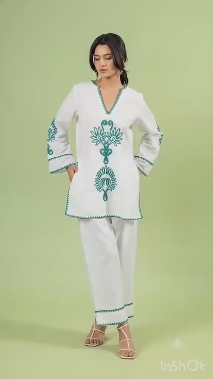 White Floral Embroidered Co-ord Kurta Set