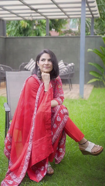 Red Embellished Cotton Kurta and Pant Set with Dupatta