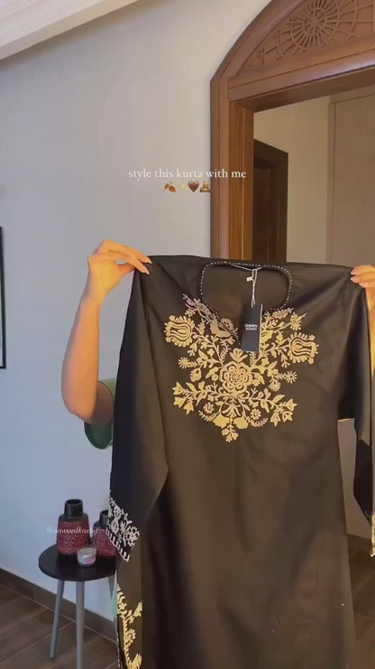 Embroidery Black Cotton Kurta Set with Palazzo Pants